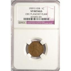 1909-S-VDB LINCOLN ONE CENT NGC VF PLANCHET FLAW