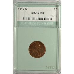 1913-S LINCOLN ONE CENT NTC MS65 RED, LOOKS 64 TO US, BUT STILL A NICE COIN