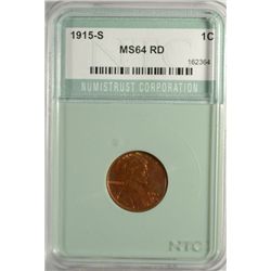 1915-S LINCOLN ONE CENT NTC MS64 RED, ITS BEEN CLEANED BUT NOT NOTED ON HOLDER