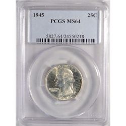 1945 WASHINGTON QUARTER PCGS MS64