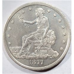 1877-CC TRADE DOLLAR, RARE! A CHOICE/GEM BU WHITE COIN, VERY LIGHT CLEANING