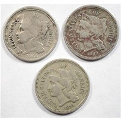 3 CENT NICKELS: 1865 F/VF, 1873 VF, 1869 VF/XF DARK