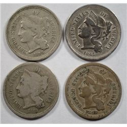 4 THREE CENT NICKELS 2- 1865 F-VF, 1866 VF, 1868 F