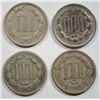 Image 2 : 4 THREE CENT NICKELS 2- 1865 F-VF, 1866 VF, 1868 F