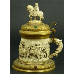 GERMAN RELIEF CARVED IVORY BRASS MOUNTED TANKARD