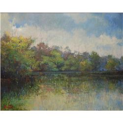 TERI THOMAS GILFILEN OIL ON PANEL OF LAKE SCENE
