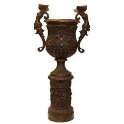 A LARGE EUROPEAN BRONZE URN & PEDESTAL