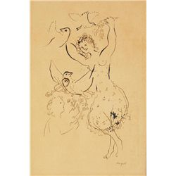 MARC CHAGALL INK ON PAPER OF DANCER & DOVES SIGNED