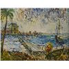 Image 1 : DAVID BURLIUK OIL PAINTING ON BOARD HARBOR SCENE