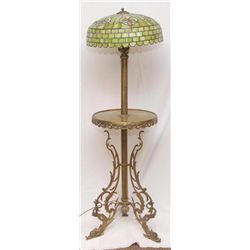 A BRASS & ONYX FLOOR LAMP w SLAG GLASS SHADE