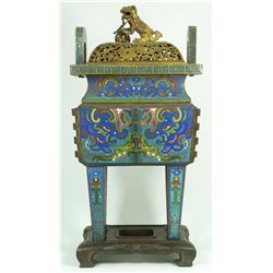 CHAMPLEVE BRONZE CENSOR WITH FOO DOG FINIAL