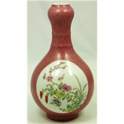 19th C CHINESE PINK GLAZE FLORAL PORCELAIN VASE