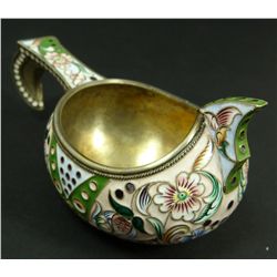 RUSSIAN SILVER & ENAMEL FLORAL KOVSH