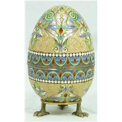 RUSSIAN SILVER ENAMELED EGG BOX w STAND