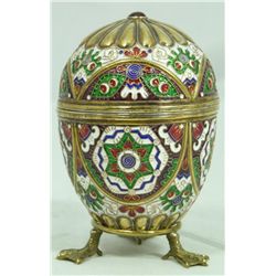 RUSSIAN SILVER ENAMELED EGG WITH STAND