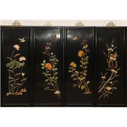 4 CHINESE JADE & HARDSTONE INLAID BIRDS PANELS