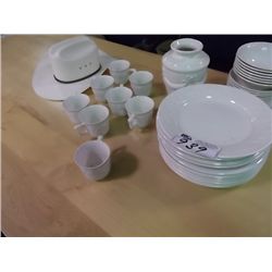 LOT OF DINNERWARE & A HAT