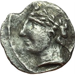 Greek.  Italy. Etruria, Populonia.  10 asses (denarius), after 211 BC. Obv.: Laureate head of Aplu l