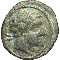 Greek.  Etruria. Populonia.  Quinarius or 5 asses, after 211 BC. Obv.: Head of Aplu right. V behind.