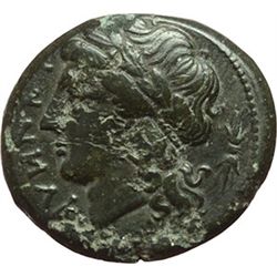 Greek.  Italy. Campania, Teanum Sidicinum.  AE 20mm. circa 265-240 BC. Obv.: Laureate head of Apollo