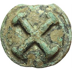 Greek.  Italy. Apulia, Luceria.  Quincunx, circa 220 BC. Obv.: Wheel with four-spokes. Rev.: Wheel w