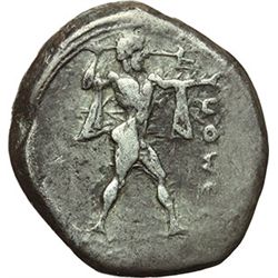 Greek.  Italy. Lucania, Poseidonia.  Stater, 445-420 BC. Obv.: Poseidon advancing right, wielding tr