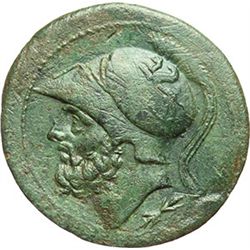 Greek.  Italy. Bruttium, The Brettii.  Double unit, circa 211-208 BC. Obv.: Head of Ares left, weari