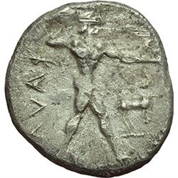 Greek.  Italy. Bruttium, Kaulonia.  Nomos, 475-388 BC. Obv.: Apollo advancing right, holding branch.