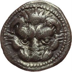 Greek.  Italy. Bruttium, Rhegion.  Obol, 415-387 BC. Obv.: Lion's head facing. Rev.: Olive branch wi