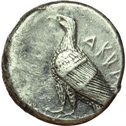 Greek.  Sicily.   Didrachm, 510-472 BC. Obv.: AKRA. Eagle standing left, with closed wings. Rev.: Cr