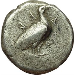 Greek.  Sicily.   Didrachm, 510-472 BC. Obv.: AKRA. Eagle standing right, with closed wings. Rev.: C