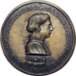 Medaglie e Placchette.   Napoli.  Medaglia S.D. (1449).  D/ Busto a destra corazzato. R/ Il giovane 