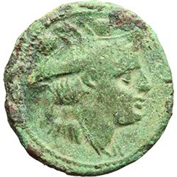 Roman Republican.     Sextans, ca 215-212. Obv.: Head of Mercury right, above two pellets. Rev.: Pro