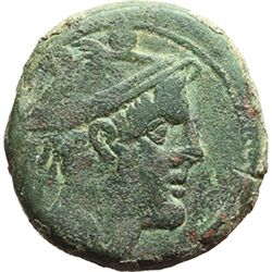 Roman Republican.     Sextans, ca 215-212. Obv.: Head of Mercury right; above two pellets. Rev.: Pro