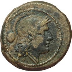 Roman Republican.     Uncia, ca 215-212. Obv.: Head of Roma right, wearing Attic helmet; behind pell