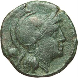 Roman Republican.     Uncia, Sicily ca 214-212. Obv.: Head of Roma right, wearing Attic helmet; behi