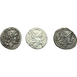 Roman Republican.     Lot of 3 quinarii. Obv.: Helmeted head of Roma right; behind V. Rev.: The Dios