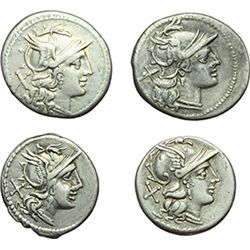 Roman Republican.     Lot of 4 denari. Obv.: Helmeted head of Roma right; behind X. Rev.: The Dioscu