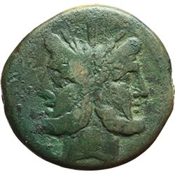 Roman Republican.     As, after 211. Obv.: Laureate head of Janus; above mark of value I. Rev.: Prow