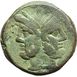 Roman Republican.     As, after 211. Obv.: Laureate head of Janus; above mark of value I. Rev.: Prow