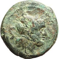 Roman Republican.     Semis, after 211. Obv.: Laureate head of Saturn right; behind S. Rev.: Prow ri