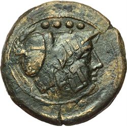 Roman Republican.     Triens, Sardinia ca after 211. Obv.: Helmeted head of Minerva right, above fou