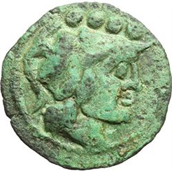 Roman Republican.     Triens, ca after 211 B.C. Obv.: Helmeted head of Minerva right, behind four pe