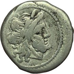 Roman Republican.    'Crescent' series. Victoriatus, ca 207. Obv.: Laureate head of Jupiter right. R
