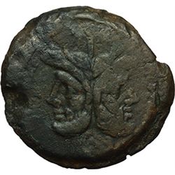 Roman Republican.    'Crescent' series. As, ca 207. Obv.: Laureate head of Janus; above, mark of val