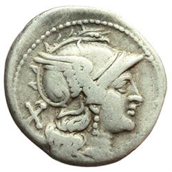 Roman Republican.    'cornucopiae' series. Denarius, ca 207. Obv.: Helmeted head of Roma right; behi