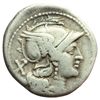 Image 1 : Roman Republican.    'cornucopiae' series. Denarius, ca 207. Obv.: Helmeted head of Roma right; behi