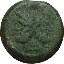 Roman Republican.    'cornucopiae' series. As, ca 207. Obv.: Laureate head of Janus; above mark of v