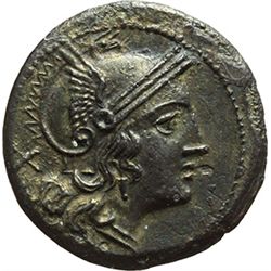 Roman Republican.    'Corn-ear (third)' series. Denarius, Sicily ca 211-210. Obv.: Helmeted head of 