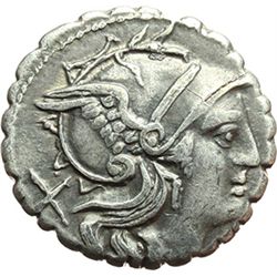 Roman Republican.    'Six-spoked wheel' series. Denarius, Sicily ca 209-208. Obv.: Helmeted head of 